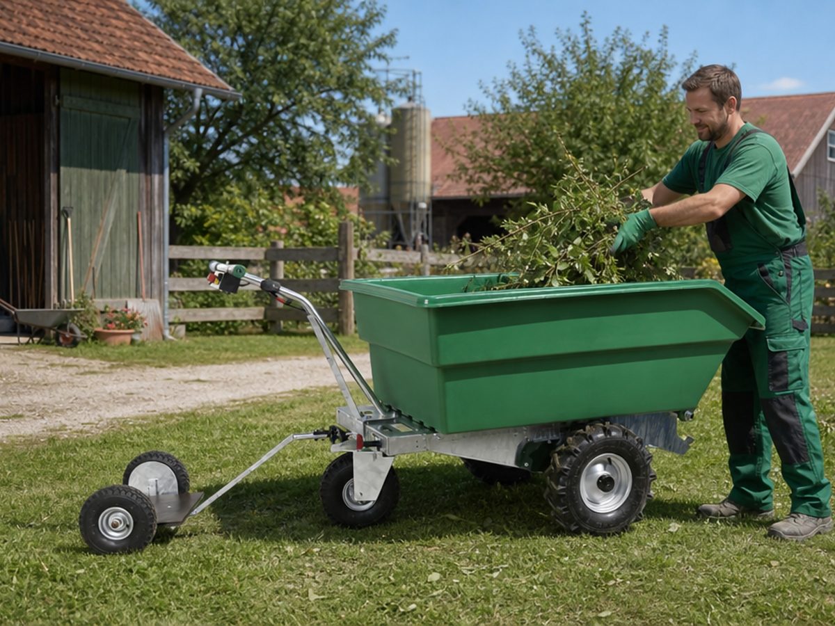 Am Bauernhof: der Karren mit voller Mulde.