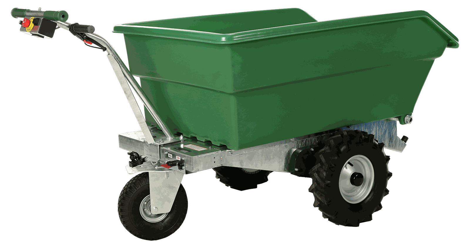 Akku-Lastkarren von Stollberger mit grüner 450-Liter-Kippmulde